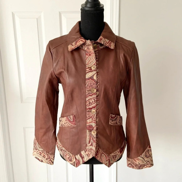 NWT Coldwater Creek Tapestry  Trim Leather Jacket - Picture 1 of 14